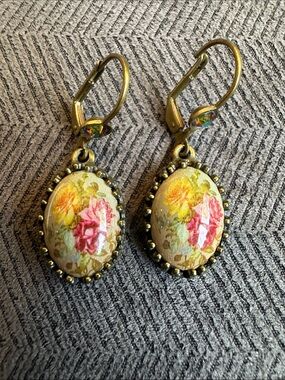 Michal Negrin Vintage Floral Oval Drop Earrings - Pink & Yellow Roses